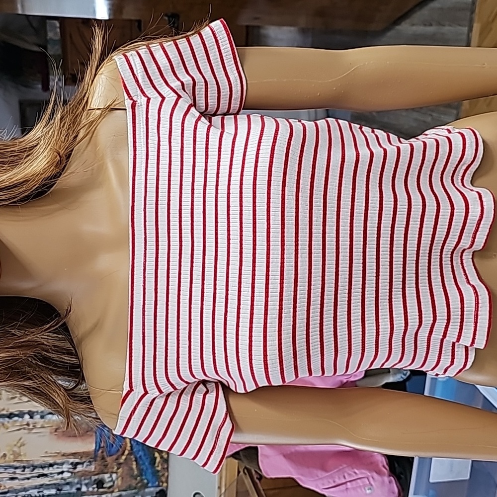 Red striped over shoulder crop top knit